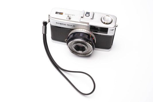 Originele Olympus Trip 35 polsband – zwart leer | Vintage camerariem voor Olympus Pen EE & Trip-serie