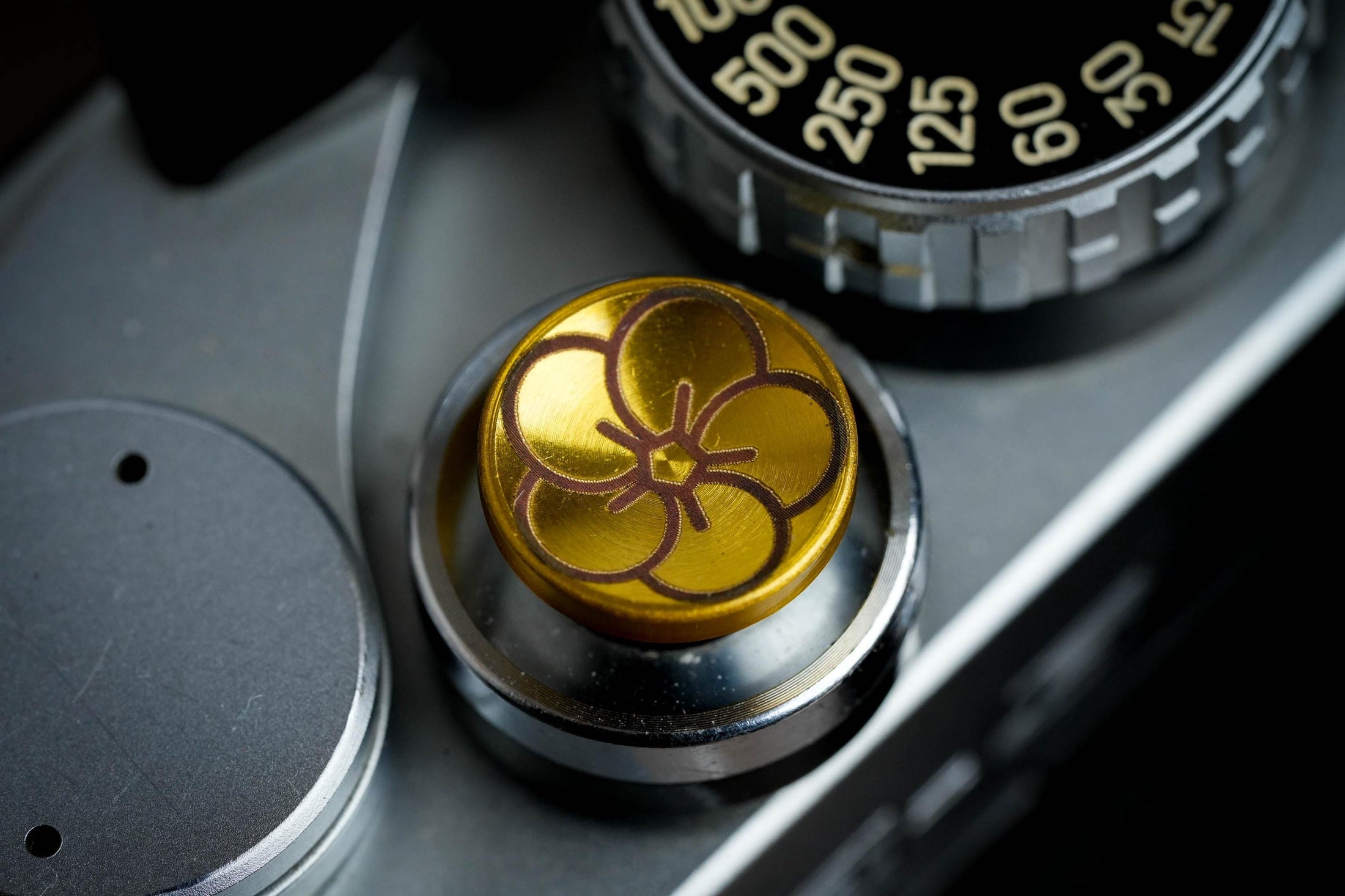 "Shutter button with flower engraving: Give your camera a luxury upgrade with this brass shutter button!"